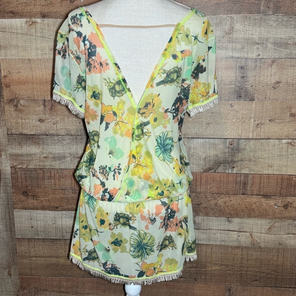 Maaji Lounge Swim Cover size Small Floral Yellow-Green Fringe Crisscross Sheer - Picture 3 of 7